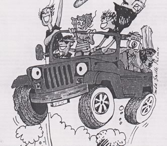 cartoon of people driving a jeep